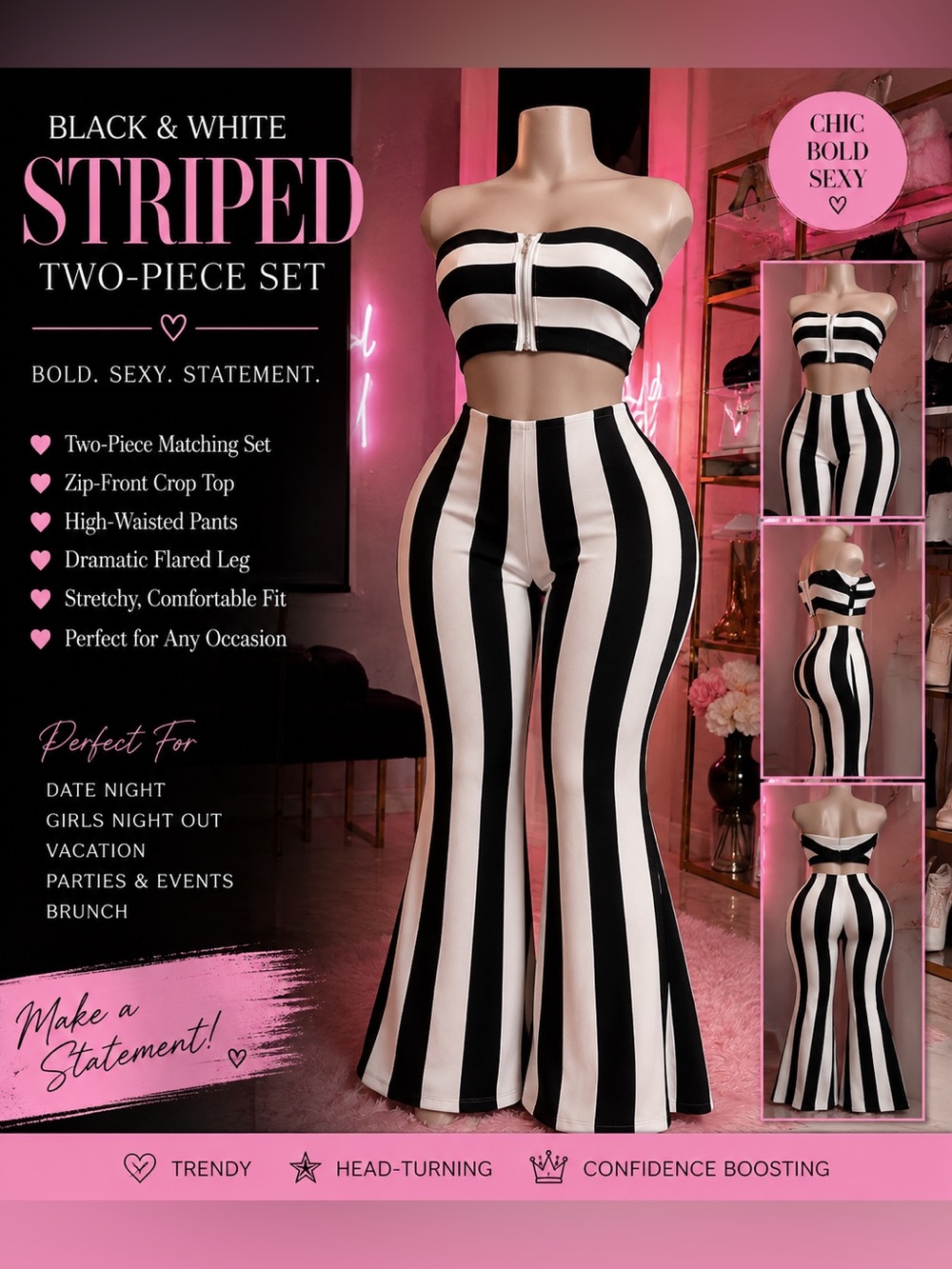 Black & White Striped High-Waist Flared Pants Two-Piece Set